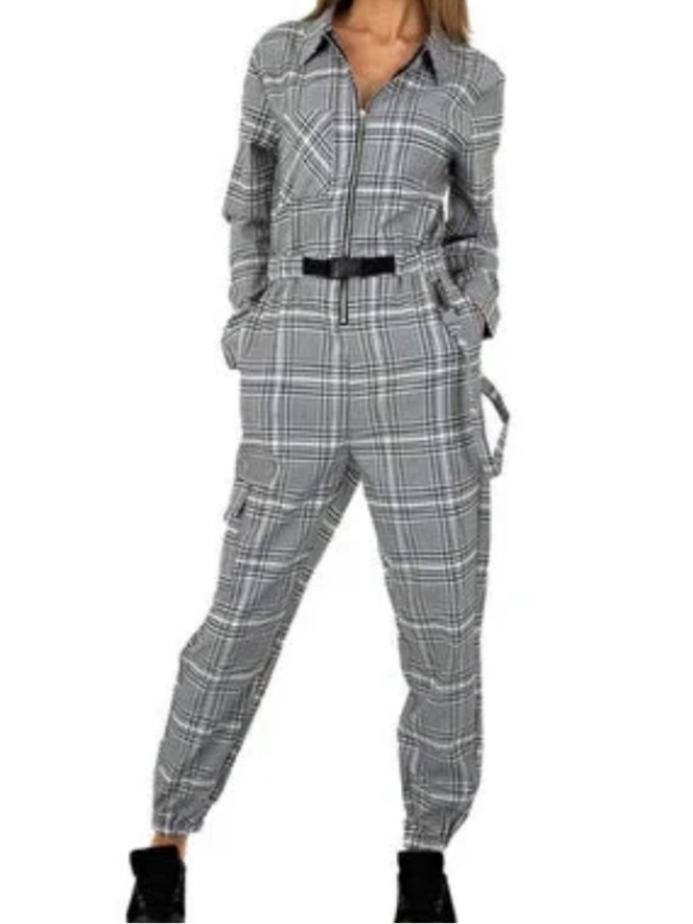Bershka Gray Plaid Utility Jumpsuit